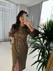 Ms Beli Lastikli Haki Süet Gömlek Elbise