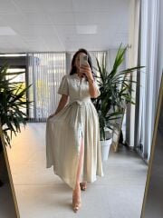 Sv 3065 Kuşaklı Müslin Taş Gömlek Elbise