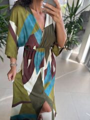 My 3154 Haki-Kahve Geçişli Viskon Elbise