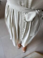 Sv 3065 Kuşaklı Müslin Taş Gömlek Elbise