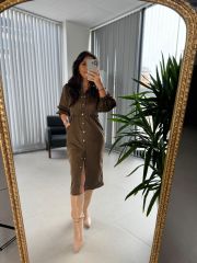 Ms Beli Lastikli Haki Süet Gömlek Elbise