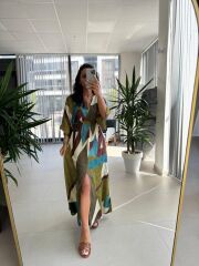 My 3154 Haki-Kahve Geçişli Viskon Elbise