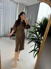 Ms Elastic Waist Khaki Nubuck Shirt Dress