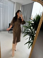 Ms Beli Lastikli Haki Süet Gömlek Elbise