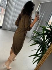 Ms Beli Lastikli Haki Süet Gömlek Elbise