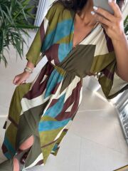 My 3154 Haki-Kahve Geçişli Viskon Elbise