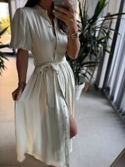 Sv 3065 Kuşaklı Müslin Taş Gömlek Elbise