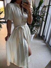 Sv 3065 Kuşaklı Müslin Taş Gömlek Elbise