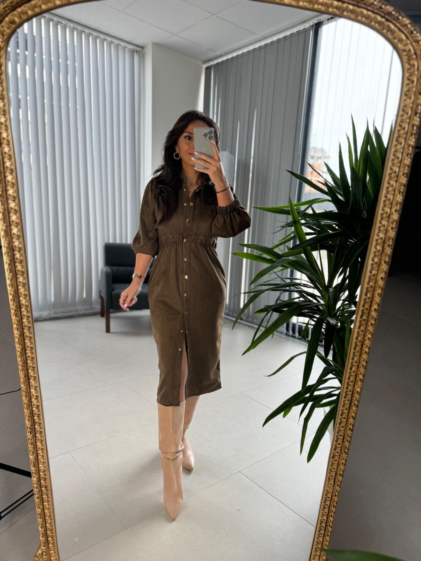 Ms Elastic Waist Khaki Nubuck Shirt Dress