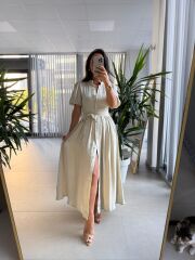 Sv 3065 Kuşaklı Müslin Taş Gömlek Elbise