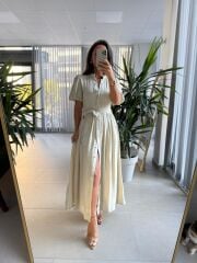 Sv 3065 Kuşaklı Müslin Taş Gömlek Elbise