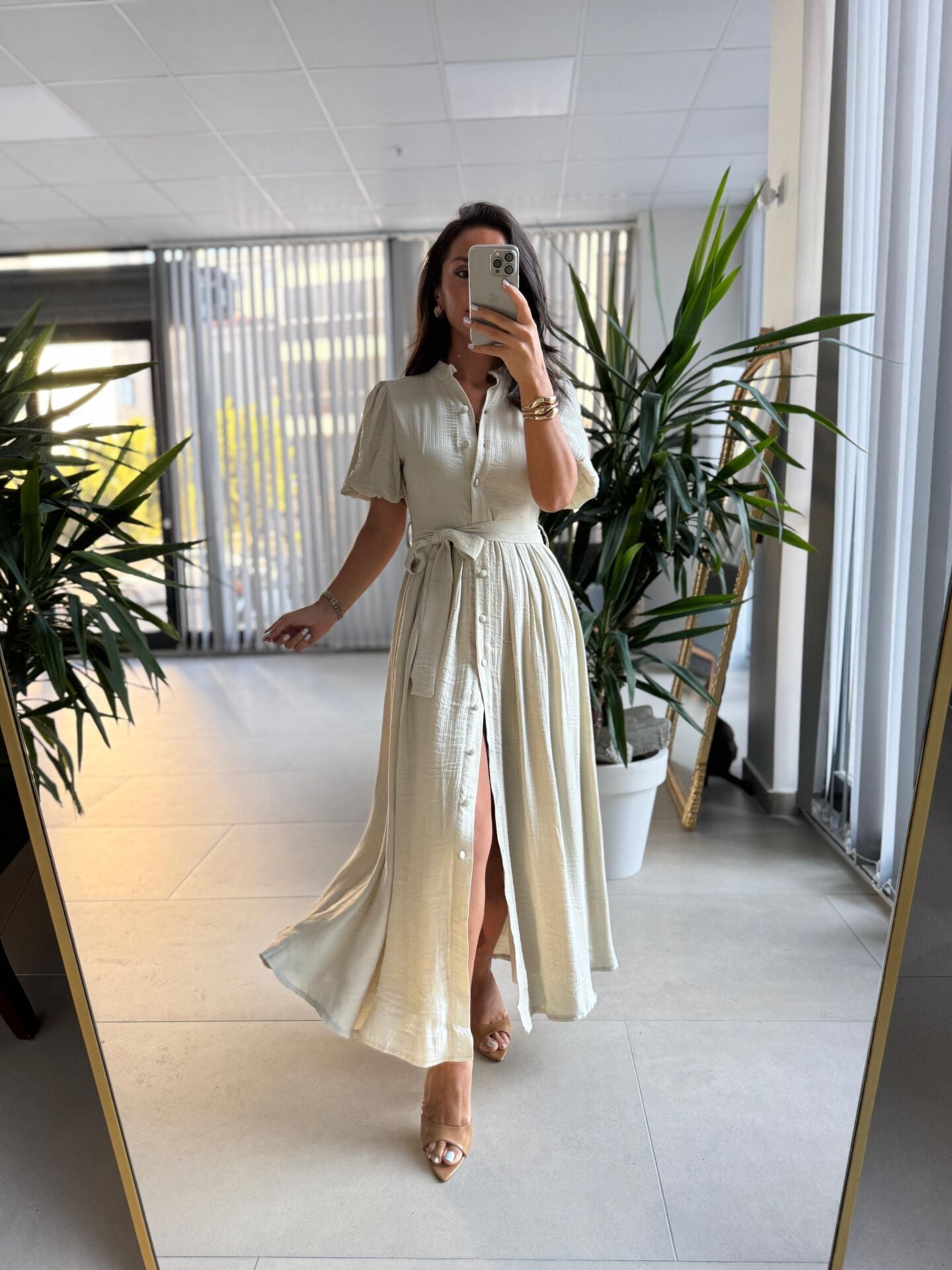 Sv 3065 Kuşaklı Müslin Taş Gömlek Elbise