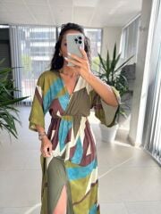 My 3154 Haki-Kahve Geçişli Viskon Elbise