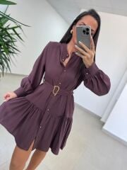 Sh 8697 Mürdüm Tensel Gömlek Elbise