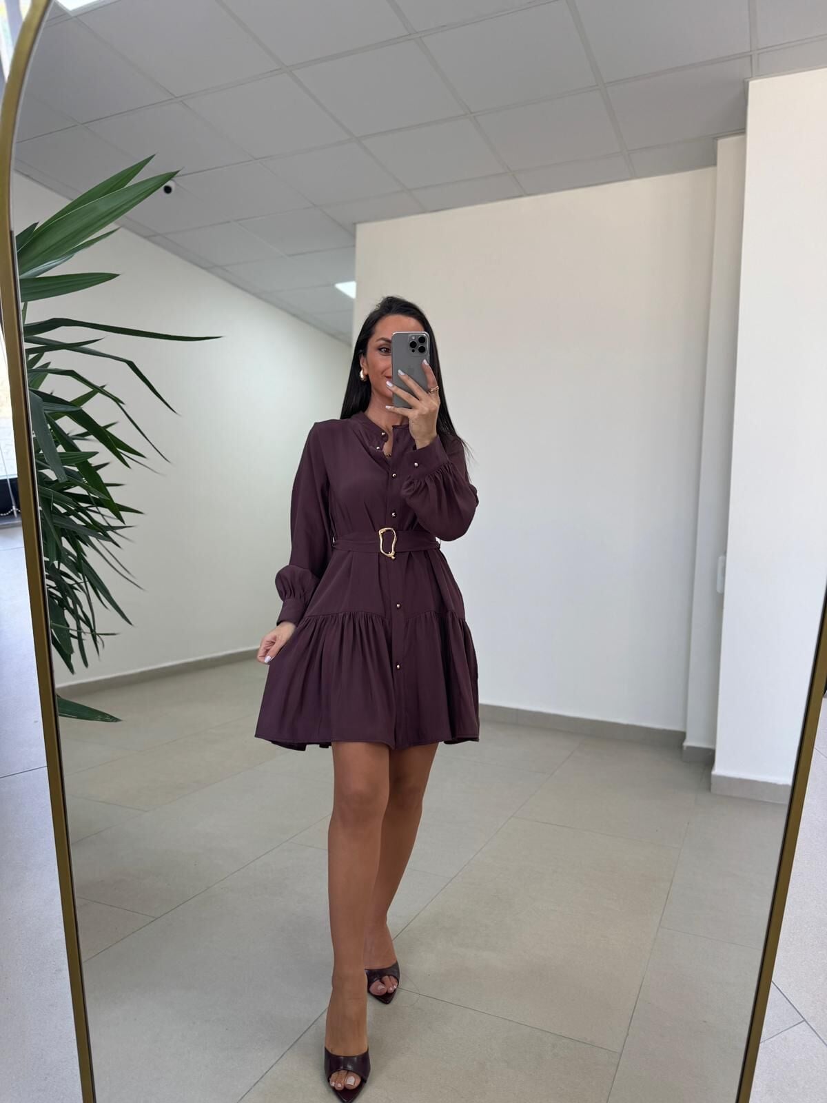 Sh 8697 Mürdüm Tensel Gömlek Elbise