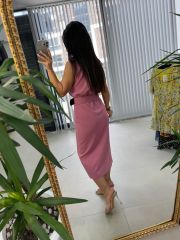 Mc 5843 Crep Kemerli Pembe Elbise