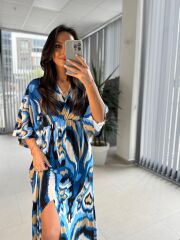 My 3154 Turkuaz-Vizon Geçişli Viskon Elbise