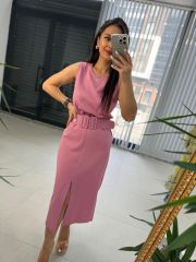 Mc 5843 Crep Kemerli Pembe Elbise