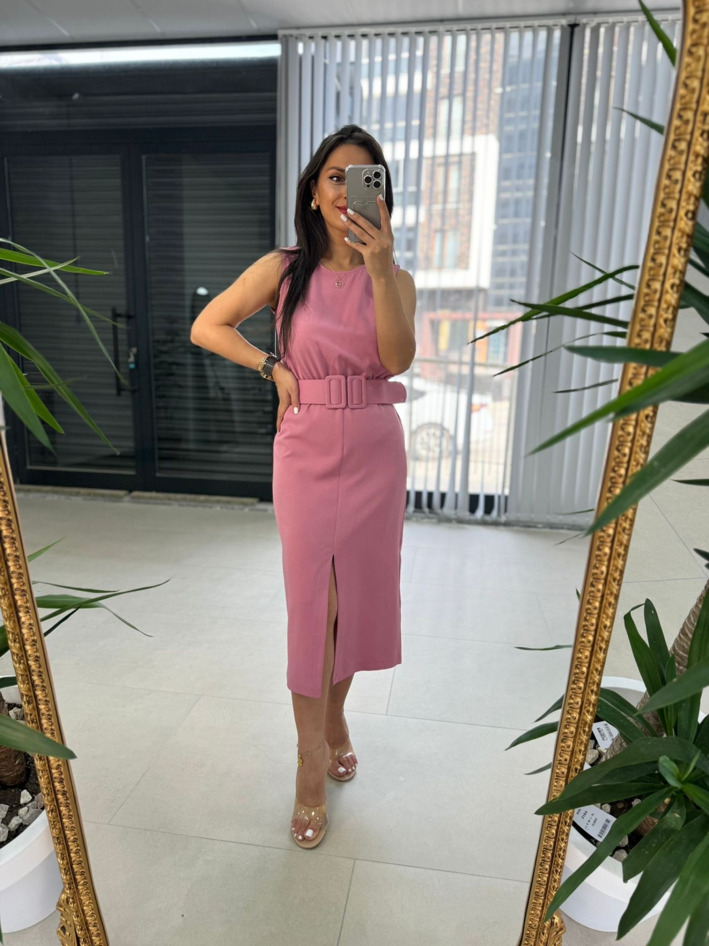 Mc 5843 Crep Kemerli Pembe Elbise