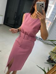 Mc 5843 Crep Kemerli Pembe Elbise