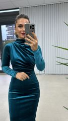 Ms Drapeli Petrol Yeşili Kadife Elbise
