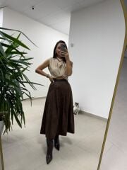 Ms 7093 Bel Detaylı Kahve Süet Etek