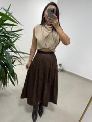 Ms 7093 Bel Detaylı Kahve Süet Etek