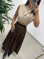 Ms 7093 Bel Detaylı Kahve Süet Etek