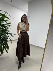 Ms 7093 Bel Detaylı Kahve Süet Etek