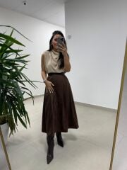 Ms 7093 Bel Detaylı Kahve Süet Etek