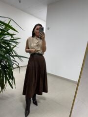 Ms 7093 Bel Detaylı Kahve Süet Etek