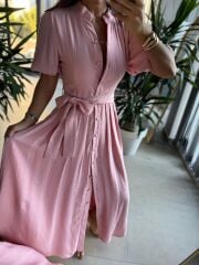 Sv 3065 Kuşaklı Müslin Pembe Gömlek Elbise