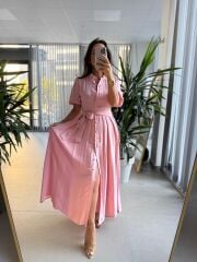 Sv 3065 Kuşaklı Müslin Pembe Gömlek Elbise