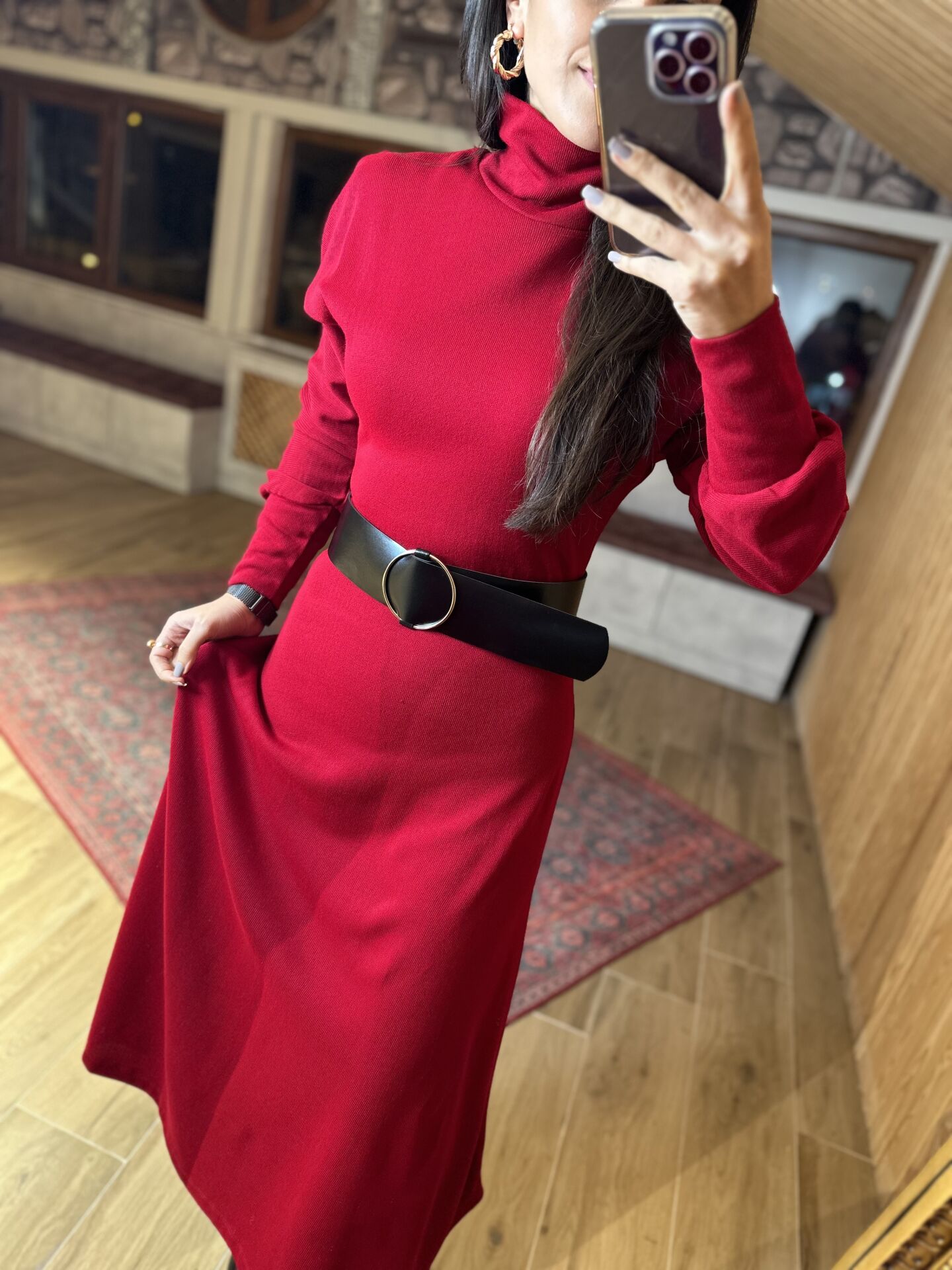 Kırmızı balıkçı uzun triko elbise