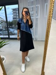 Dr 2452 Kot montlu siyah sweat elbise