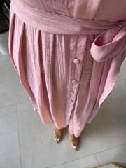 Sv 3065 Kuşaklı Müslin Pembe Gömlek Elbise