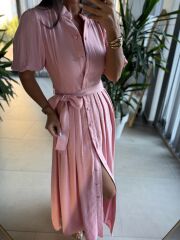 Sv 3065 Kuşaklı Müslin Pembe Gömlek Elbise