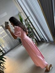 Sv 3065 Kuşaklı Müslin Pembe Gömlek Elbise