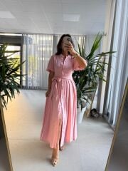 Sv 3065 Kuşaklı Müslin Pembe Gömlek Elbise