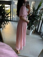 Sv 3065 Kuşaklı Müslin Pembe Gömlek Elbise