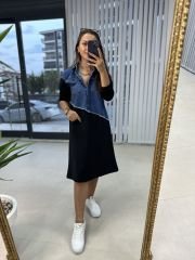 Dr 2452 Kot montlu siyah sweat elbise