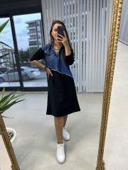 Dr 2452 Kot montlu siyah sweat elbise