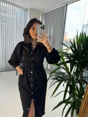 Ms Elastic Waist Black Nubuck Shirt Dress