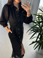 Ms Elastic Waist Black Nubuck Shirt Dress