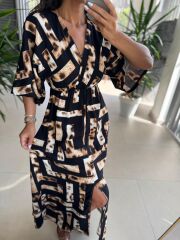 My 3154 Siyah-Kahve Leopar Detaylı Viskon Elbise