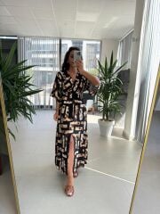 My 3154 Siyah-Kahve Leopar Detaylı Viskon Elbise