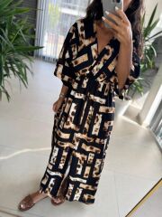 My 3154 Siyah-Kahve Leopar Detaylı Viskon Elbise