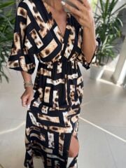 My 3154 Siyah-Kahve Leopar Detaylı Viskon Elbise