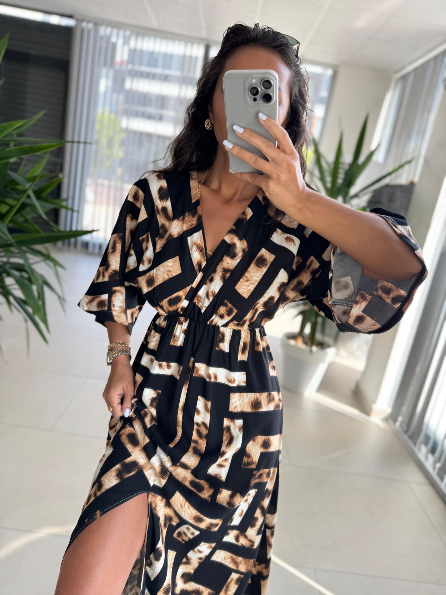 My 3154 Siyah-Kahve Leopar Detaylı Viskon Elbise