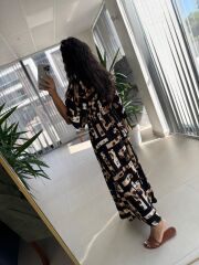 My 3154 Siyah-Kahve Leopar Detaylı Viskon Elbise